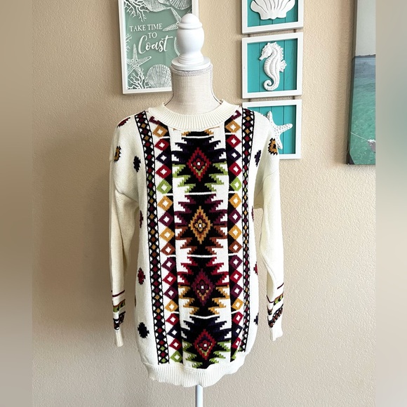 Vintage 80s Beldochpopper Crewneck Cream Aztec oversized grandpa Sweater Size M - Picture 3 of 13
